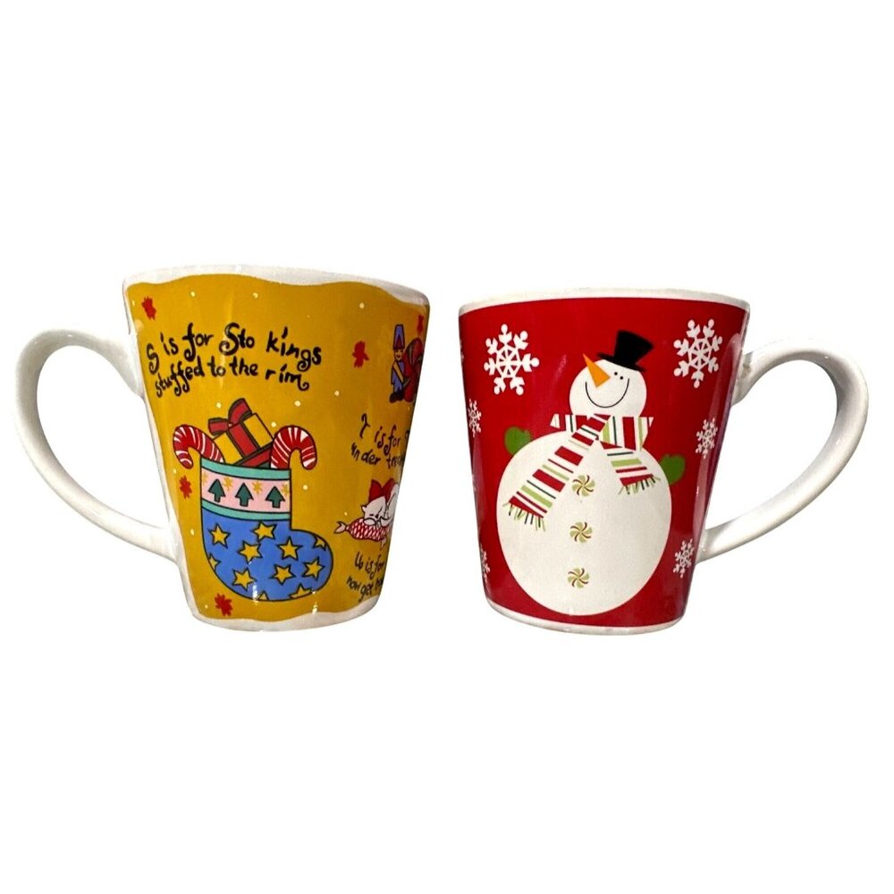 Christmas Snowman Stocking Coffee Cup Set Vintage Style Holiday Ceramic Pair Fun